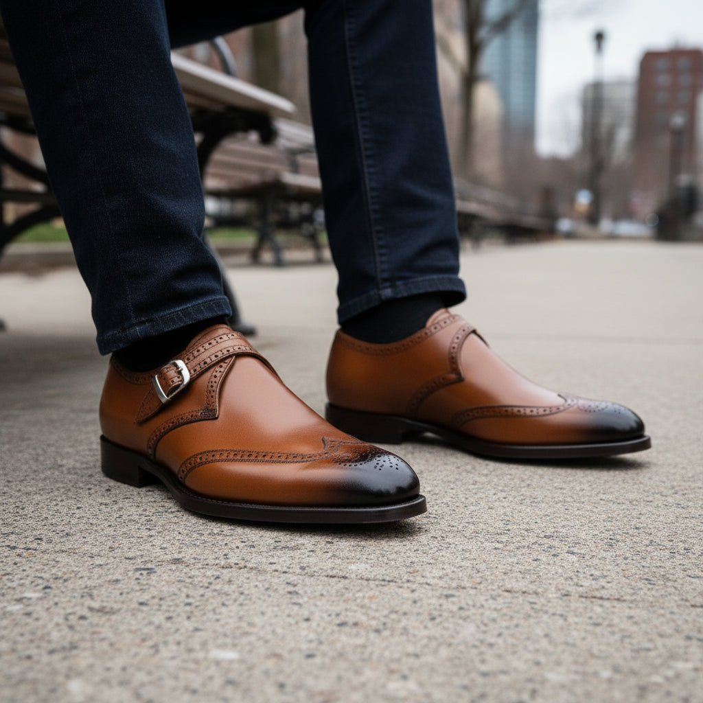 Men's Brown Monk Strap Leather Dress Shoes - model-sitting-bench