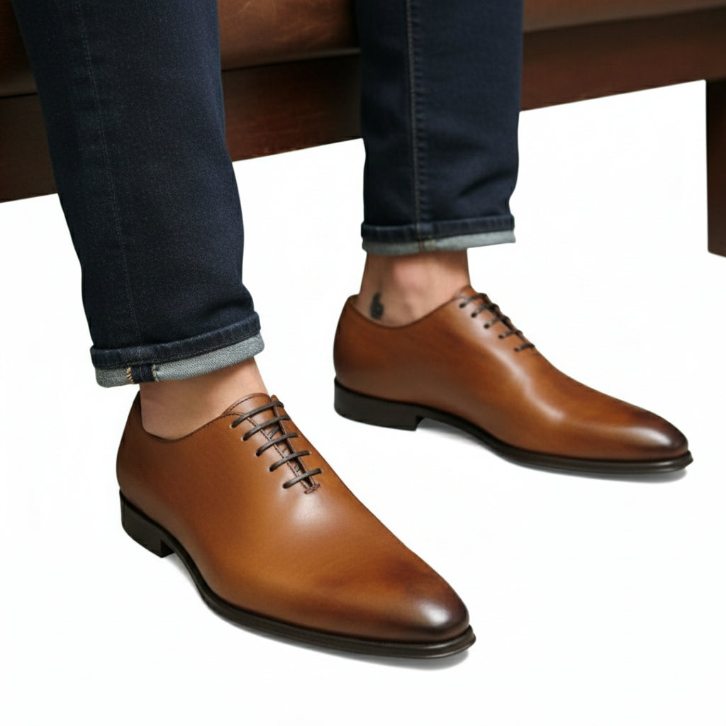Men's Brown Oxford Leather Dress Shoes - model-sitting-bench