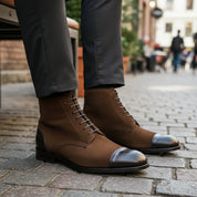 model-sitting-bench - Men's Brown Suede Ankle Boots with Cap Toe