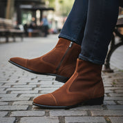 model-sitting-bench - Men's Brown Suede Ankle Boots
