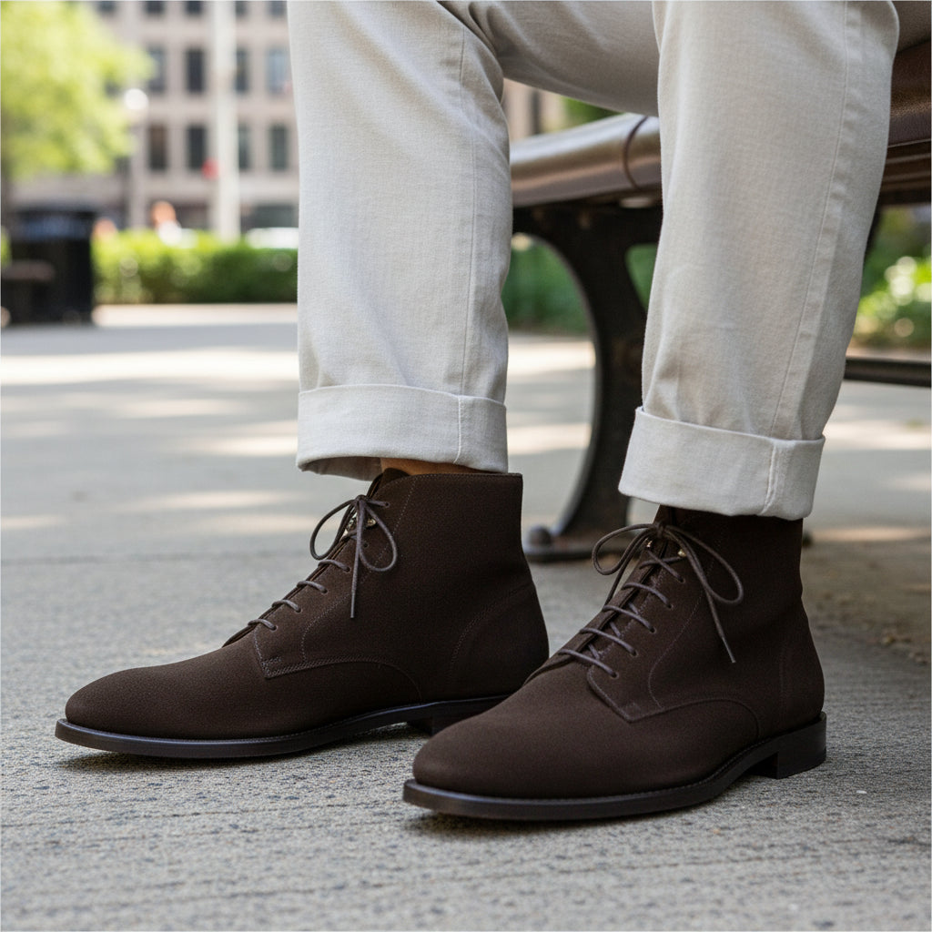 Men's Brown Suede Ankle Boots - model-sitting-bench