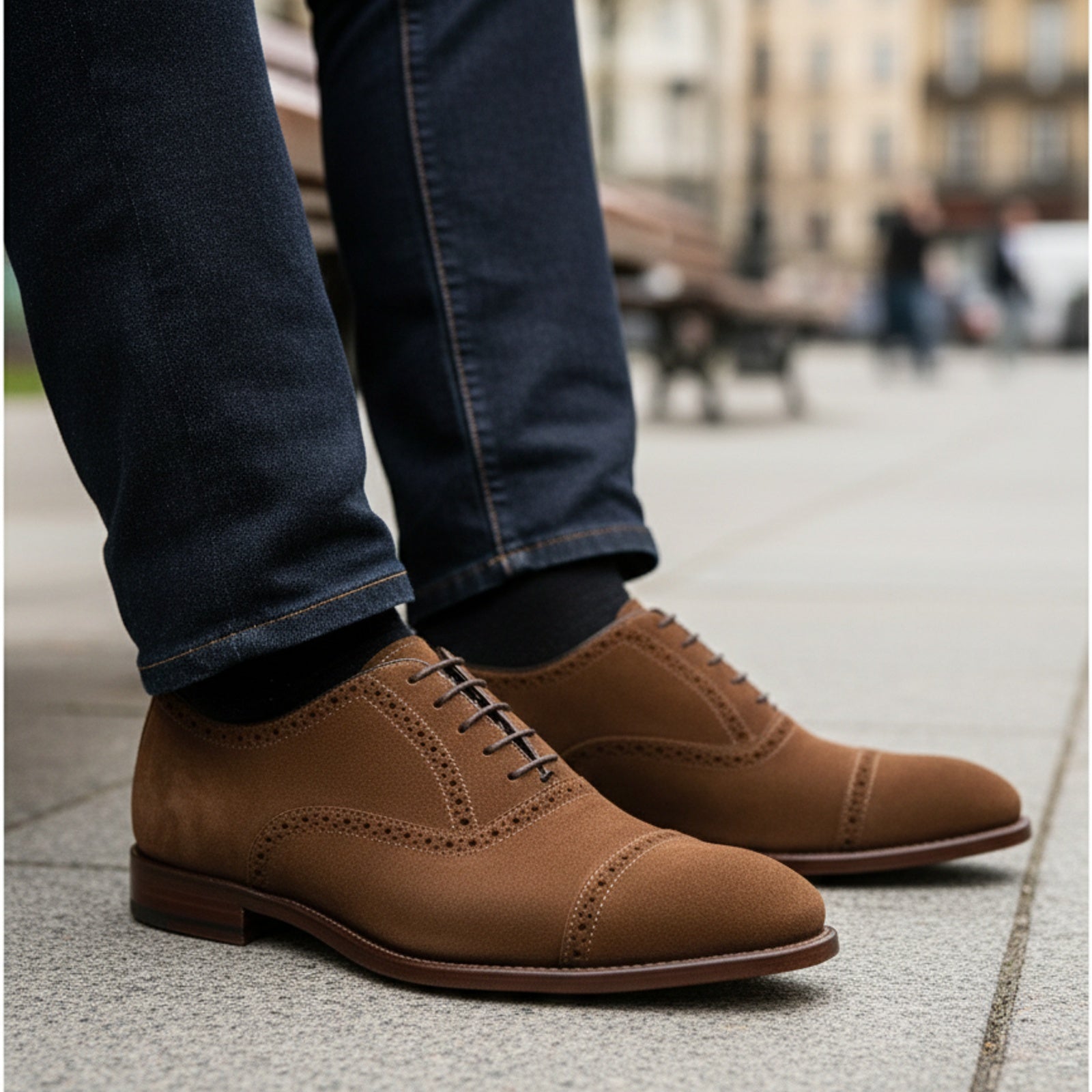 Men's Brown Suede Brogue Dress Shoes - model-sitting-bench
