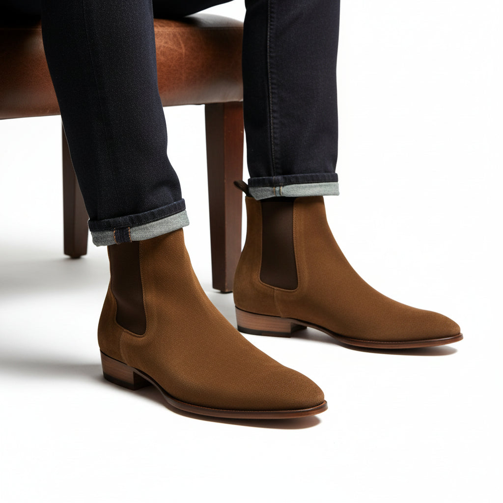 model-sitting-bench - Men's Brown Suede Chelsea Ankle Boots