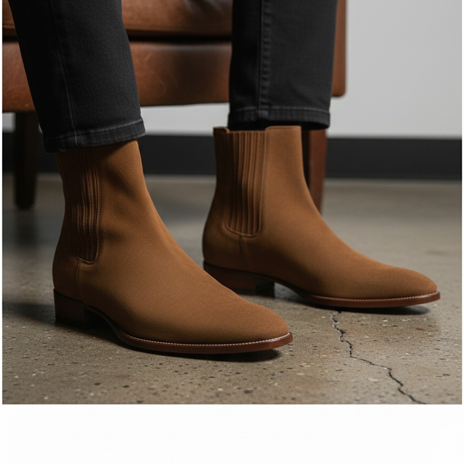 model-sitting-bench - Men's Brown Suede Chelsea Boots