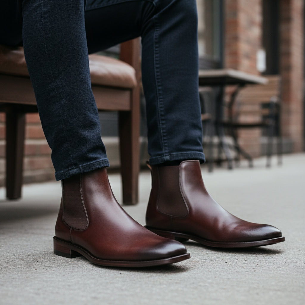 model-sitting-bench - Men's Brown Suede Chelsea Boots