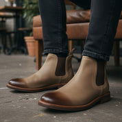 model-sitting-bench - Men's Brown Suede Chelsea Boots