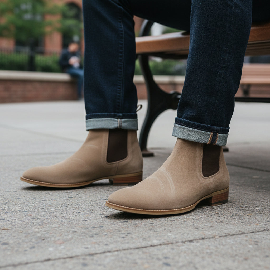 model-sitting-bench - Men's Brown Suede Chelsea Boots