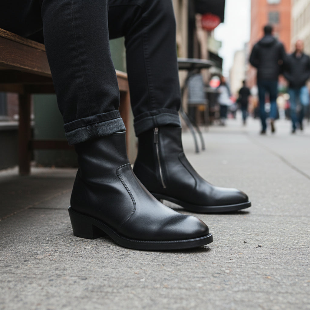 model-sitting-bench - Men's Brown Suede Chelsea Boots