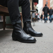 model-sitting-bench - Men's Brown Suede Chelsea Boots