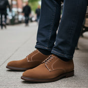 Men's Brown Suede Derby Shoes - model-sitting-bench