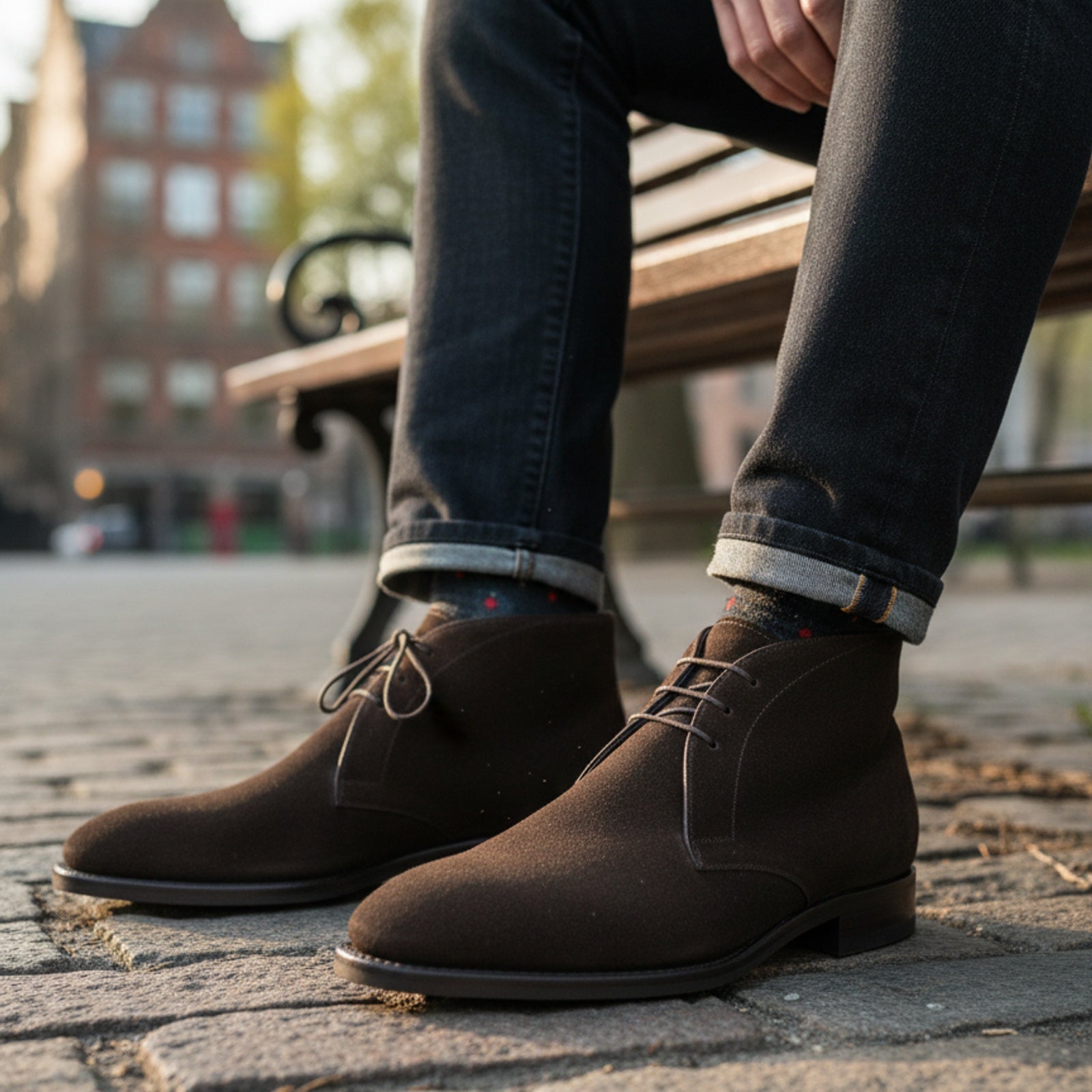 model-sitting-bench - Men's Brown Suede Dress Boots