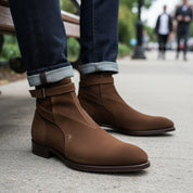 model-sitting-bench - Men's Brown Suede Jodhpurs Boots with Ankle Strap