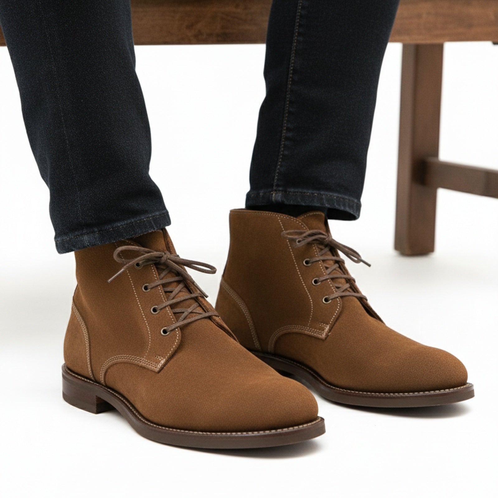 model-sitting-bench - Men's Brown Suede Lace-Up Ankle Boots