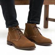 model-sitting-bench - Men's Brown Suede Lace-Up Ankle Boots
