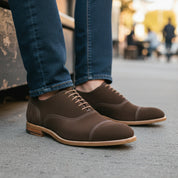 model-sitting-bench - Men's Brown Suede Leather Dress Shoes