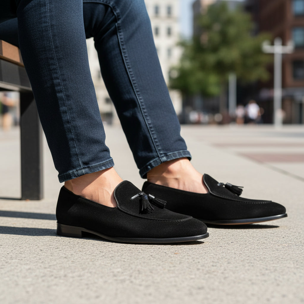 model-sitting-bench - Men's Brown Suede Loafer Shoes