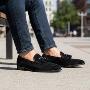 model-sitting-bench - Men's Brown Suede Loafer Shoes