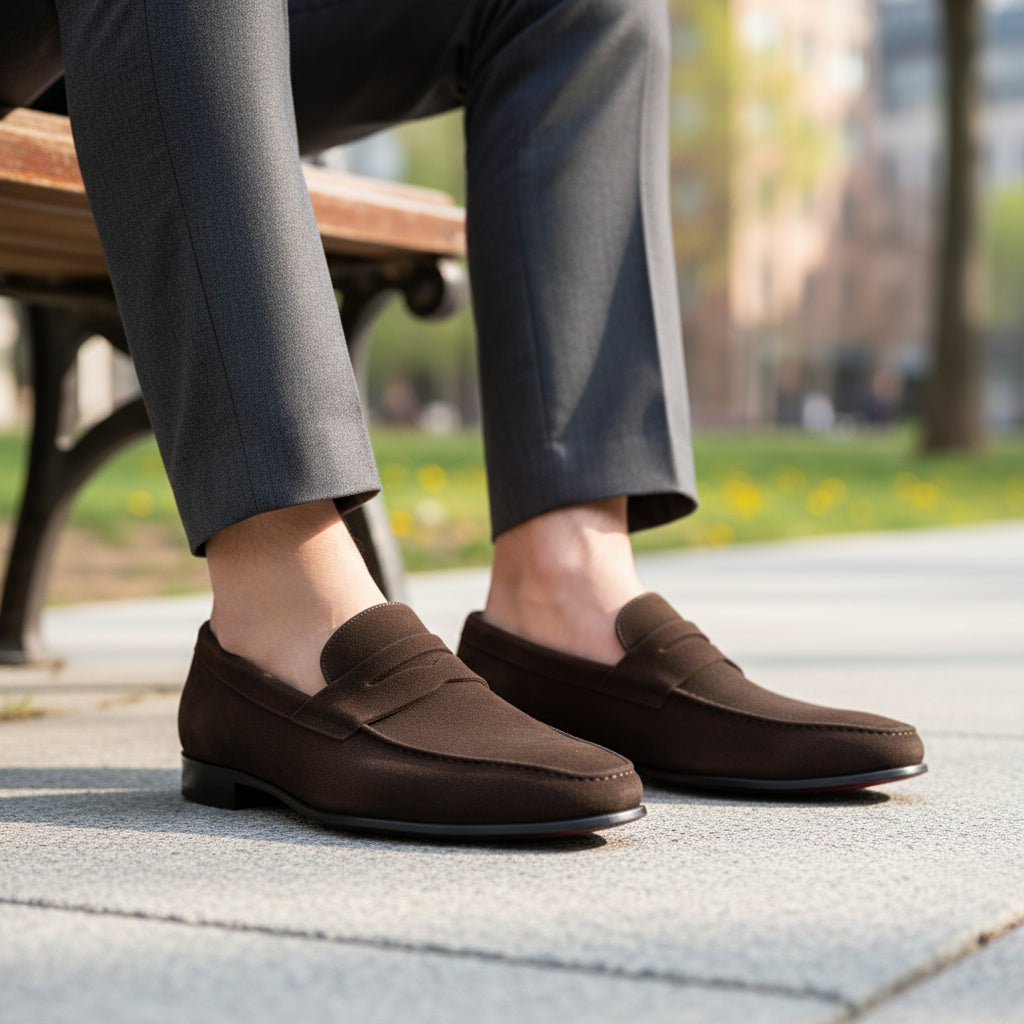 model-sitting-bench - Men's Brown Suede Loafers