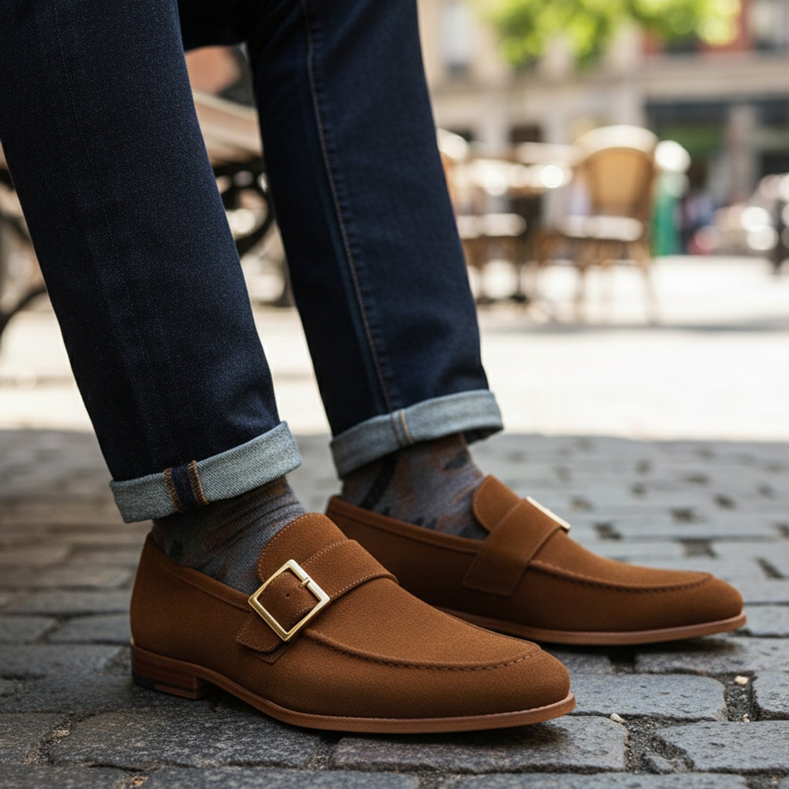 model-sitting-bench - Men's Brown Suede Moccasin Dress Shoes