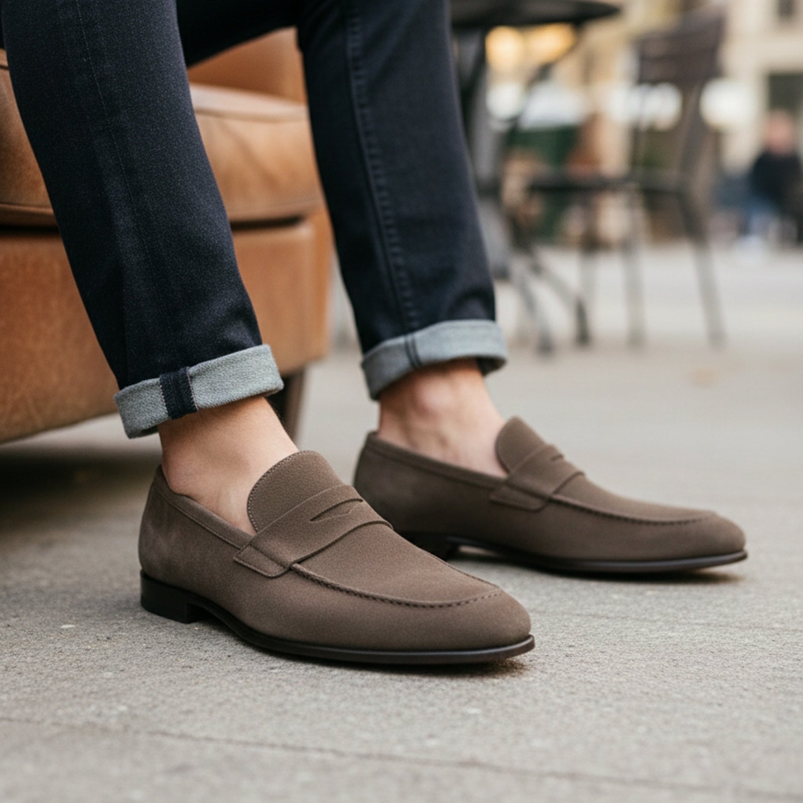 model-sitting-bench - Men's Brown Suede Moccasin Dress Shoes