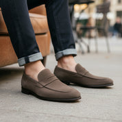 model-sitting-bench - Men's Brown Suede Moccasin Dress Shoes