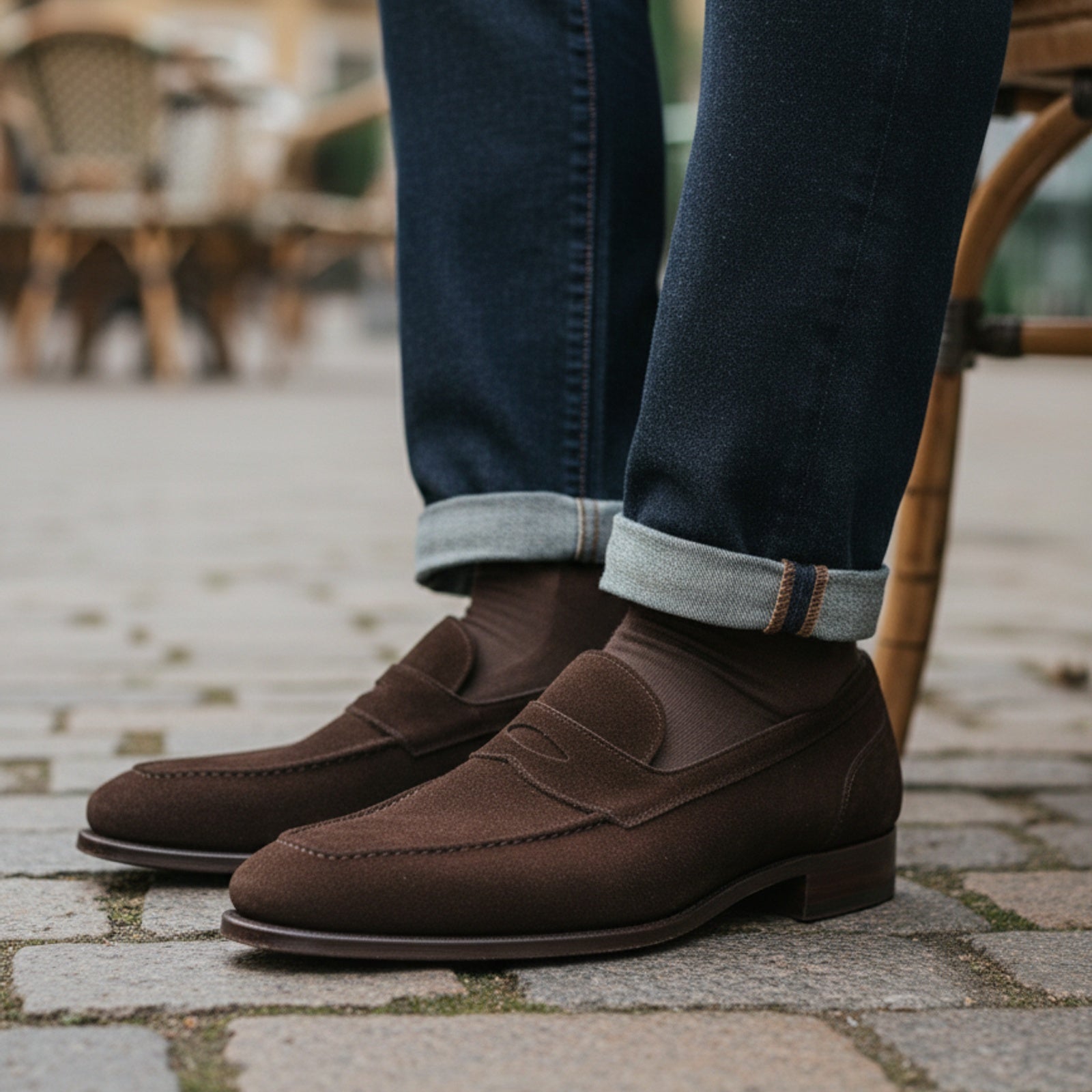 model-sitting-bench - Men's Brown Suede Moccasin Loafers