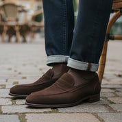 model-sitting-bench - Men's Brown Suede Moccasin Loafers