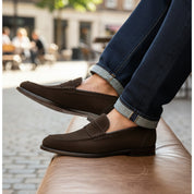 model-sitting-bench - Men's Brown Suede Moccasin Loafers