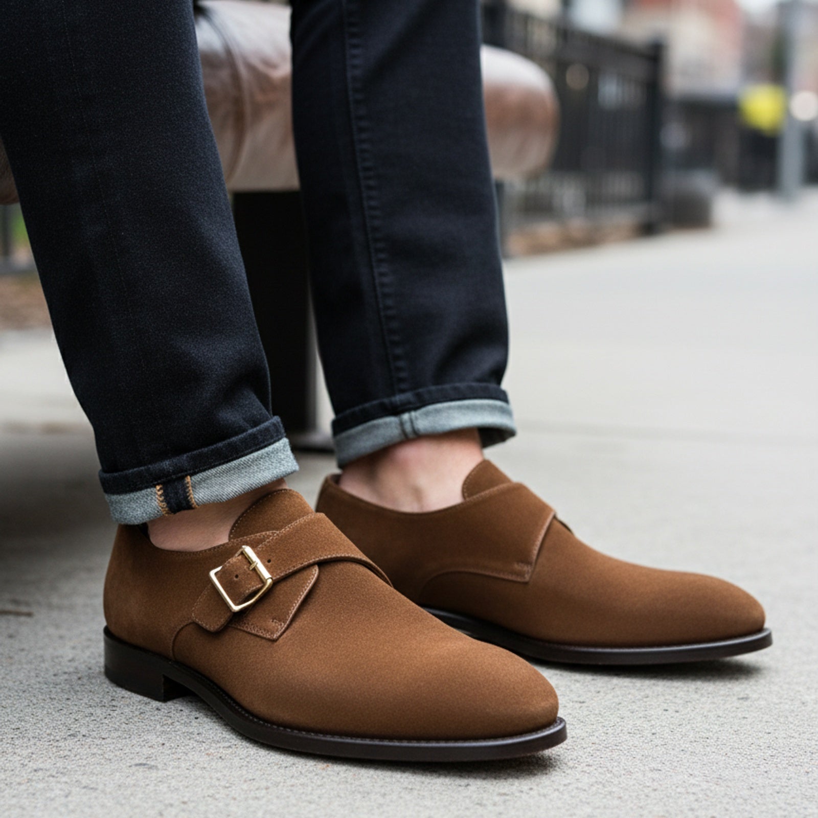 Men's Brown Suede Moccasin Shoes - model-sitting-bench