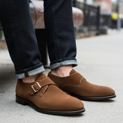 Men's Brown Suede Moccasin Shoes - model-sitting-bench