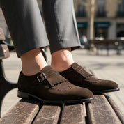 model-sitting-bench - Men's Brown Suede Monk Strap Shoes