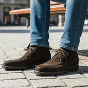 Men's Brown Suede Oxford Dress Shoes - model-sitting-bench