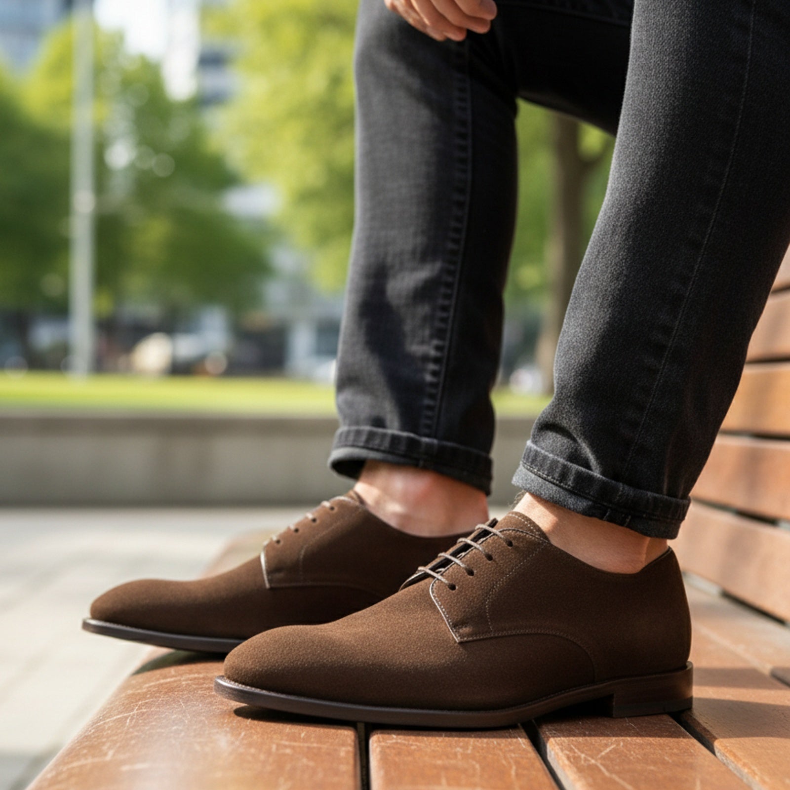 Men's Brown Suede Oxford Dress Shoes - model-sitting-bench