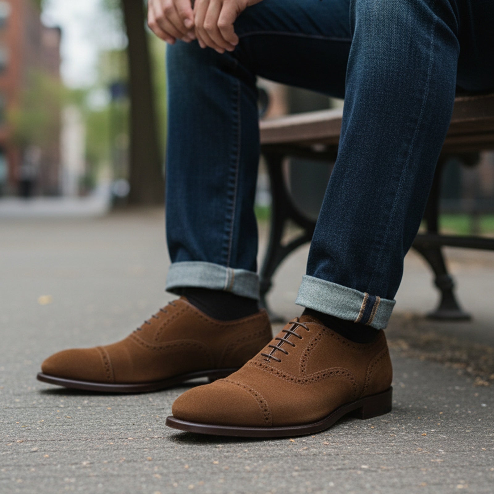 model-sitting-bench - Men's Brown Suede Oxford Shoes