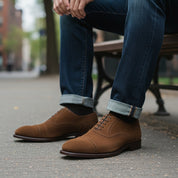 model-sitting-bench - Men's Brown Suede Oxford Shoes