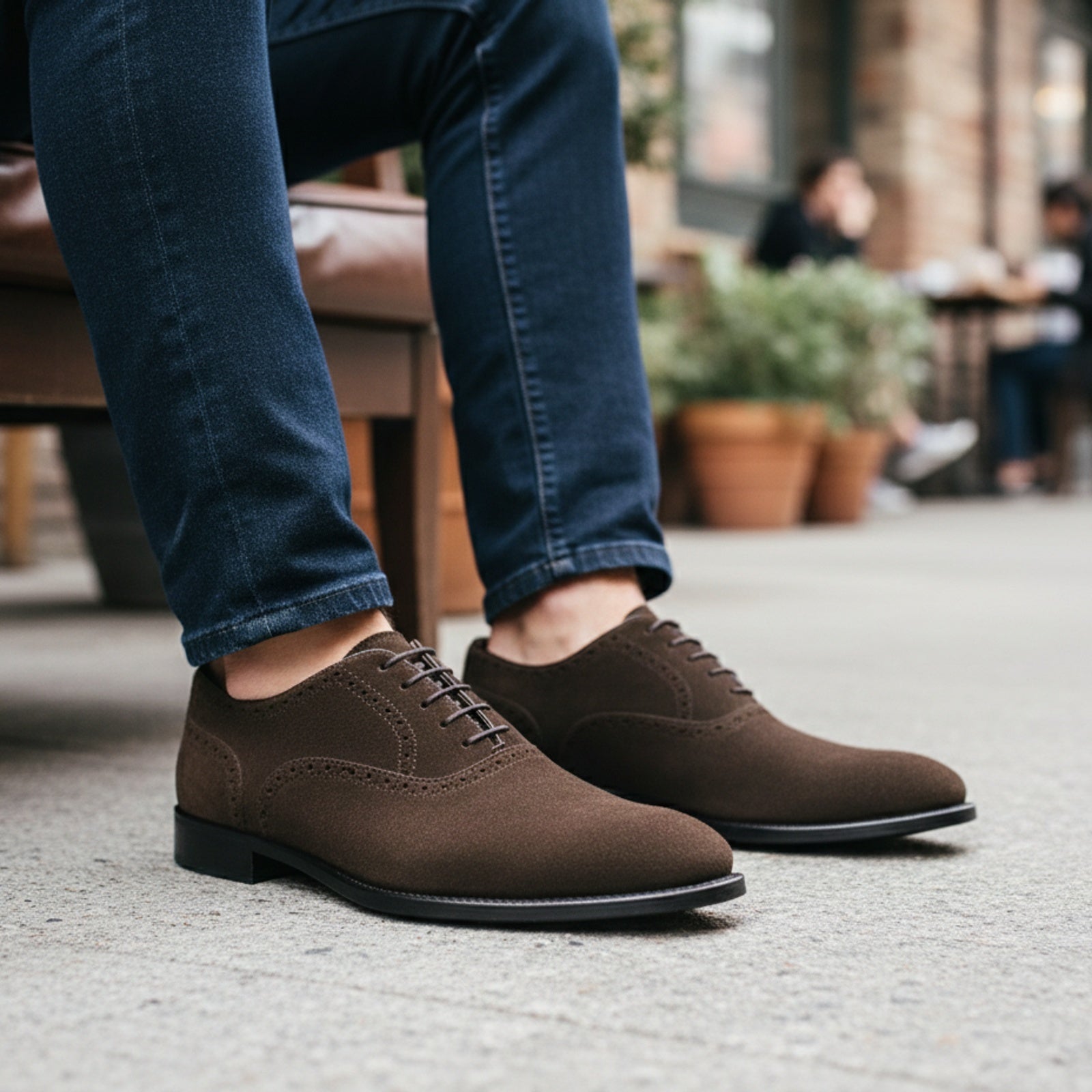 model-sitting-bench - Men's Brown Suede Oxford Shoes