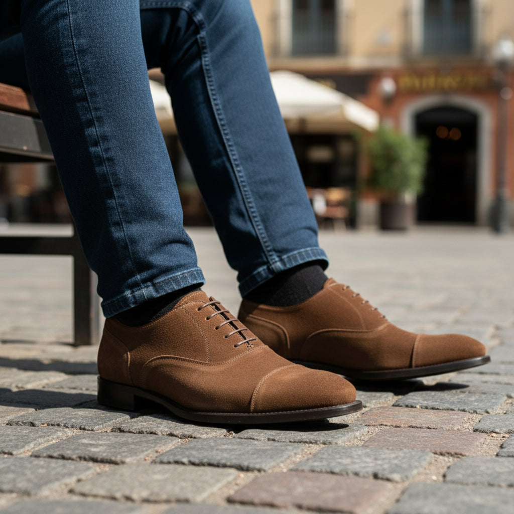 model-sitting-bench - Men's Brown Suede Oxford Shoes