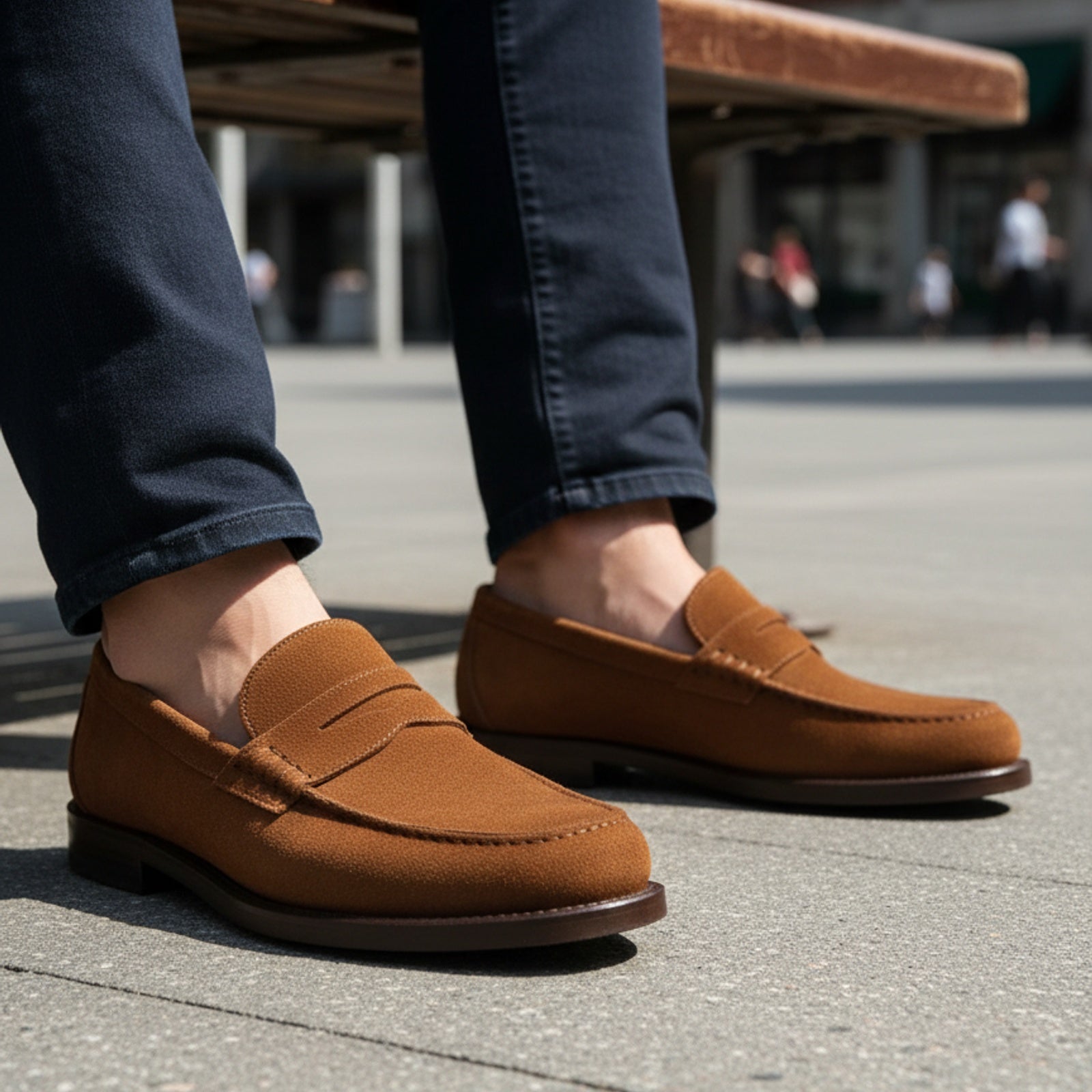 model-sitting-bench - Men's Brown Suede Penny Loafer Moccasins