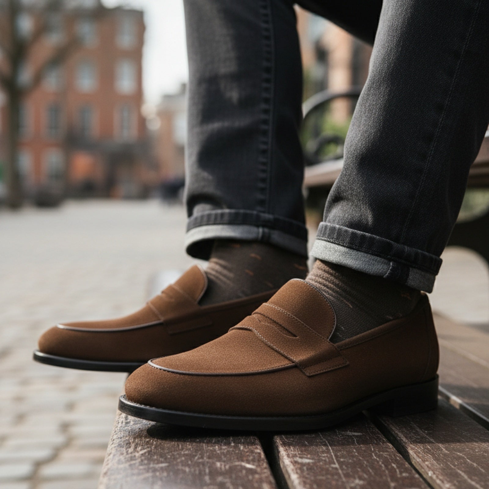 Men's Brown Suede Penny Loafers - model-sitting-bench