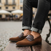 model-sitting-bench - Men's Brown Suede Slip-On Loafers