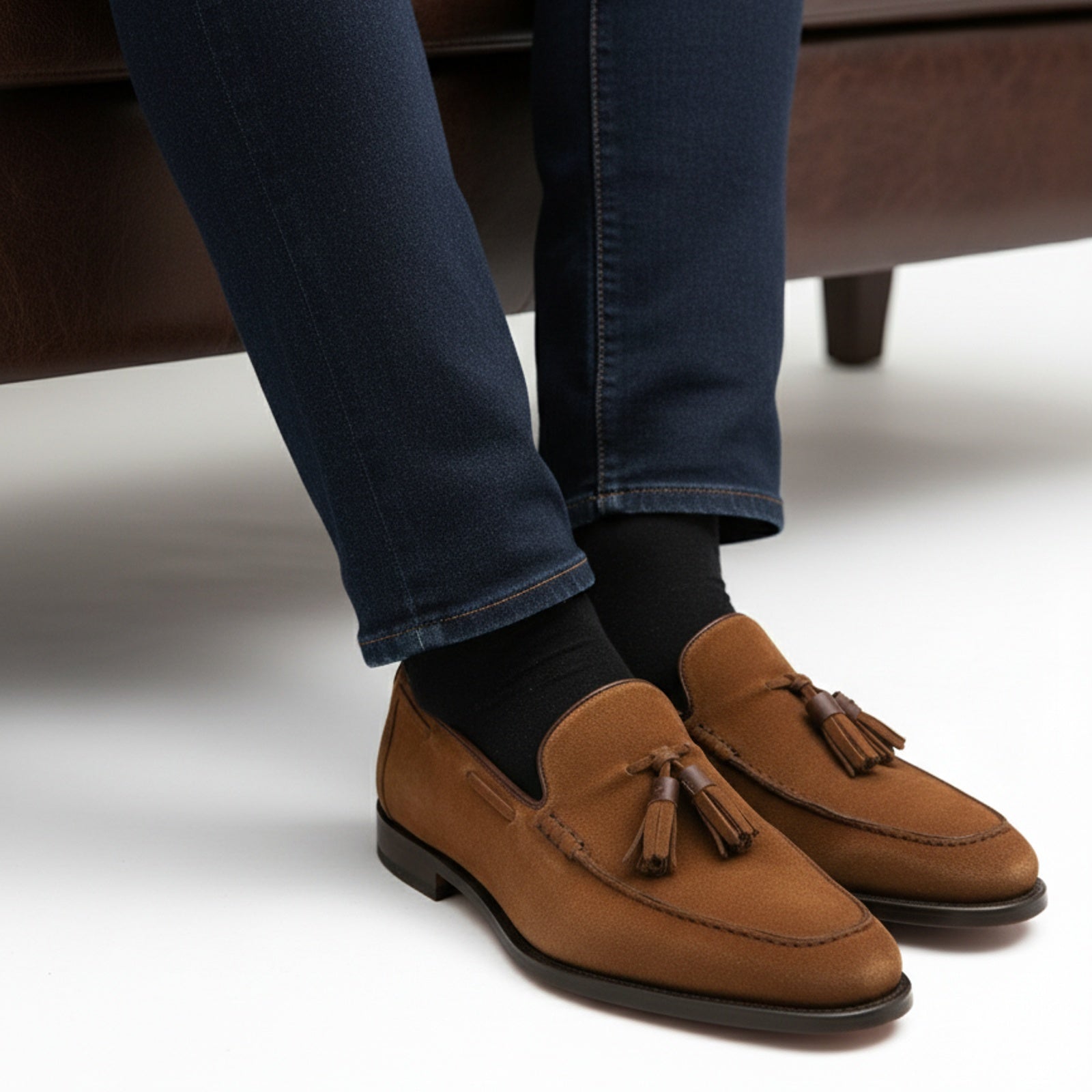 model-sitting-bench - Men's Brown Suede Tassel Moccasins