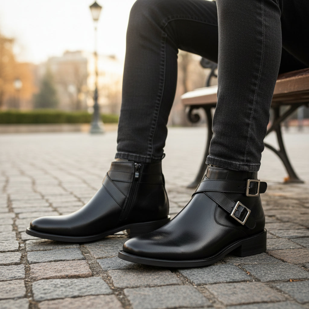 model-sitting-bench - Men's Buckle Ankle Boots in Genuine Cow Leather