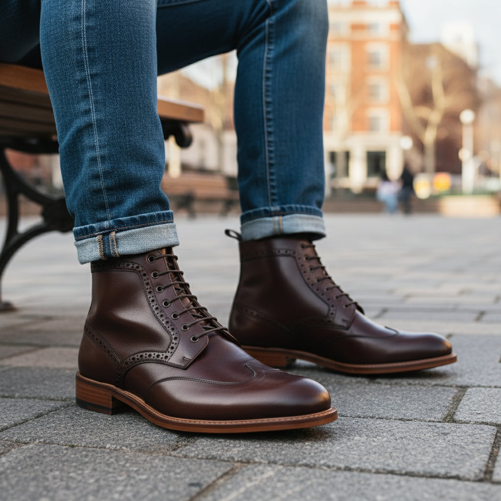 model-sitting-bench - Men's Burgundy & Brown Leather Lace-Up Boots