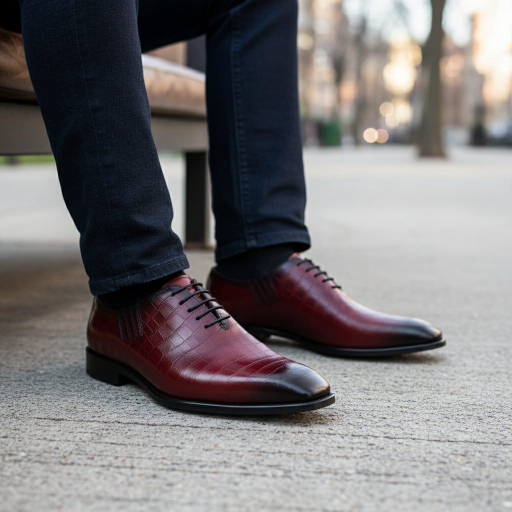 Men's Burgundy Crocodile Leather Dress Shoes - model-sitting-bench