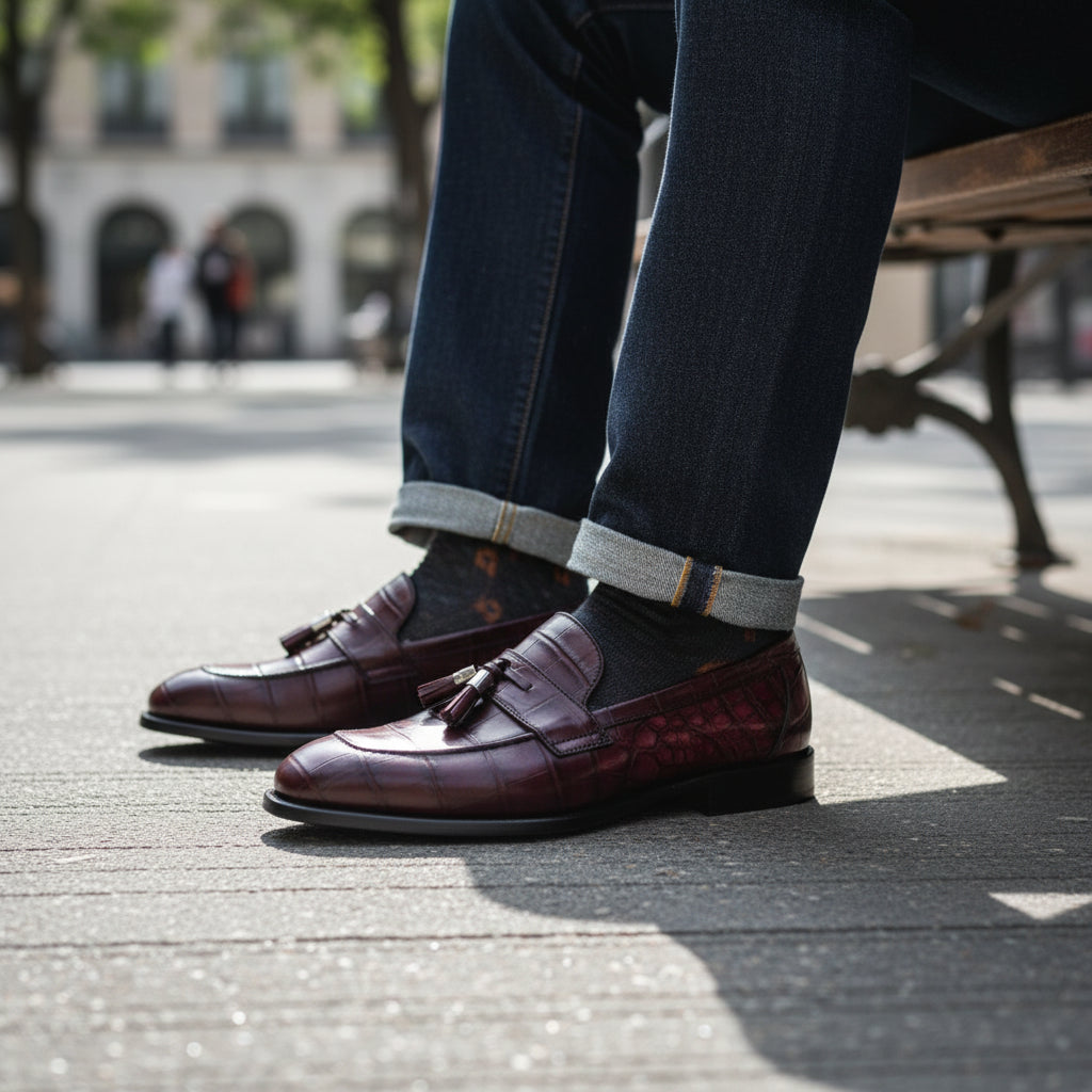 Men's Burgundy Crocodile Textured Leather Loafers - model-sitting-bench