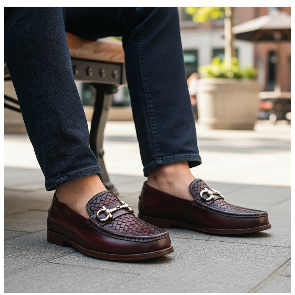 Men's Burgundy Genuine Leather Driving Shoes - model-sitting-bench
