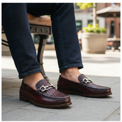 Men's Burgundy Genuine Leather Driving Shoes - model-sitting-bench