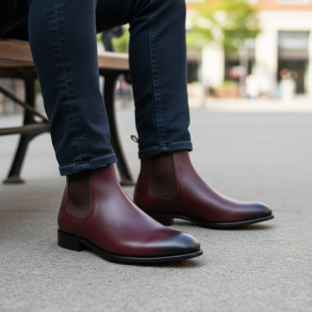 Men's Burgundy Leather Chelsea Boots - model-sitting-bench