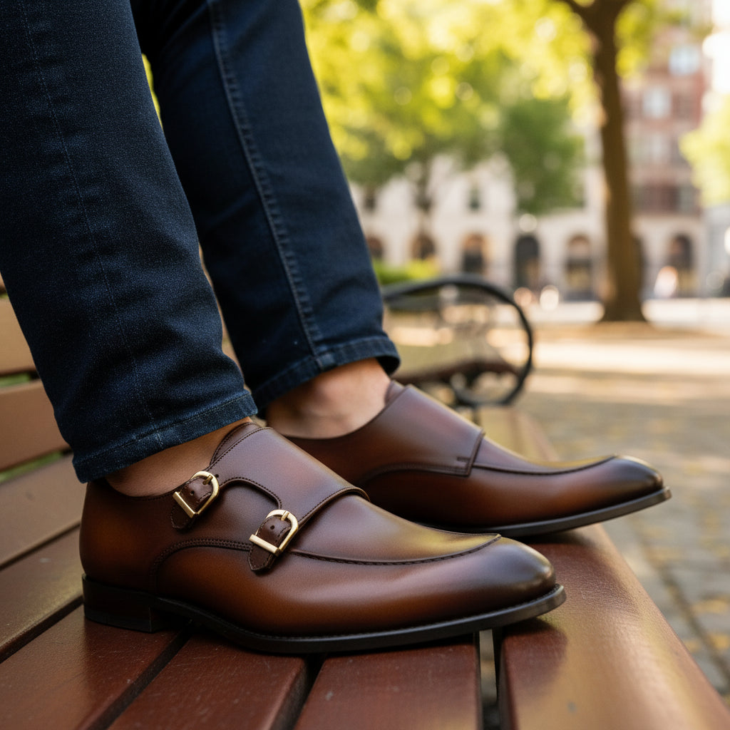 Men's Burgundy Leather Double Monk Shoes, Belgian Loafer Style - model-sitting-bench