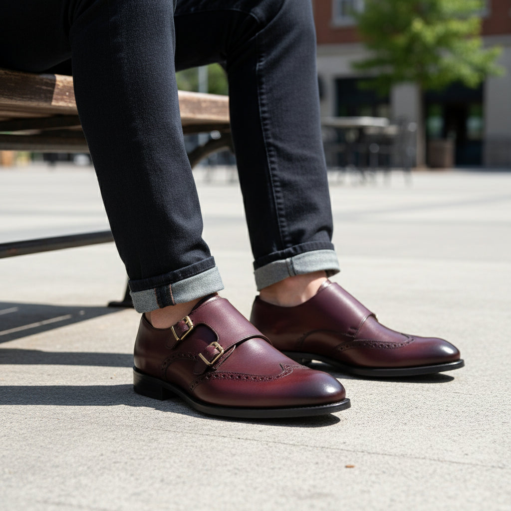 model-sitting-bench - Men's Burgundy Leather Double Monk Strap Shoes